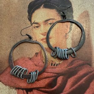 Mixed metal drop hoop earrings